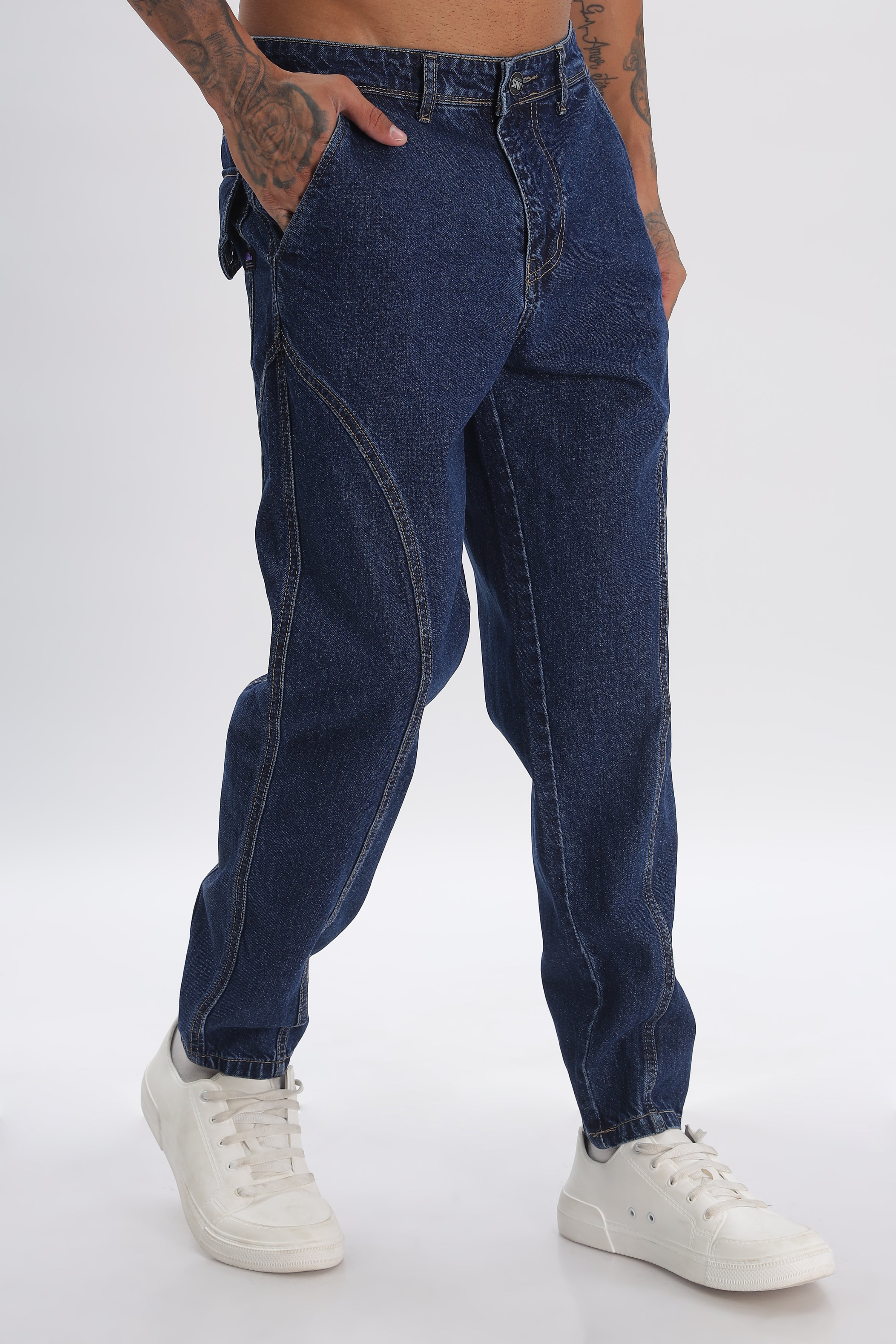 Pantalon cargo en denim bleu longueur baggy pour hommes