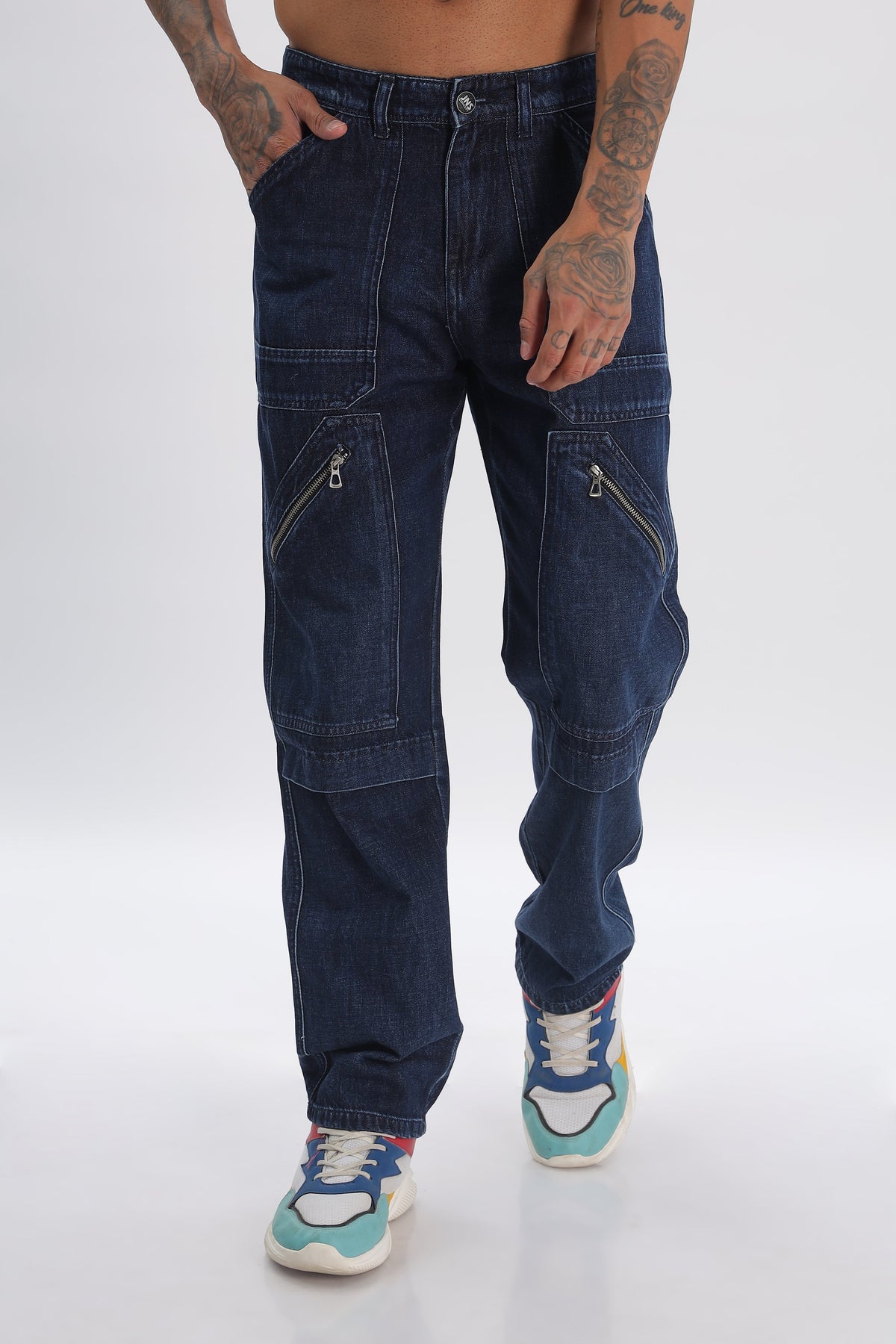 Navy Full Length Baggy Denim Cargo Pants