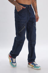 Navy Full Length Baggy Denim Cargo Pants