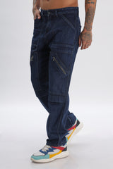 Navy Full Length Baggy Denim Cargo Pants