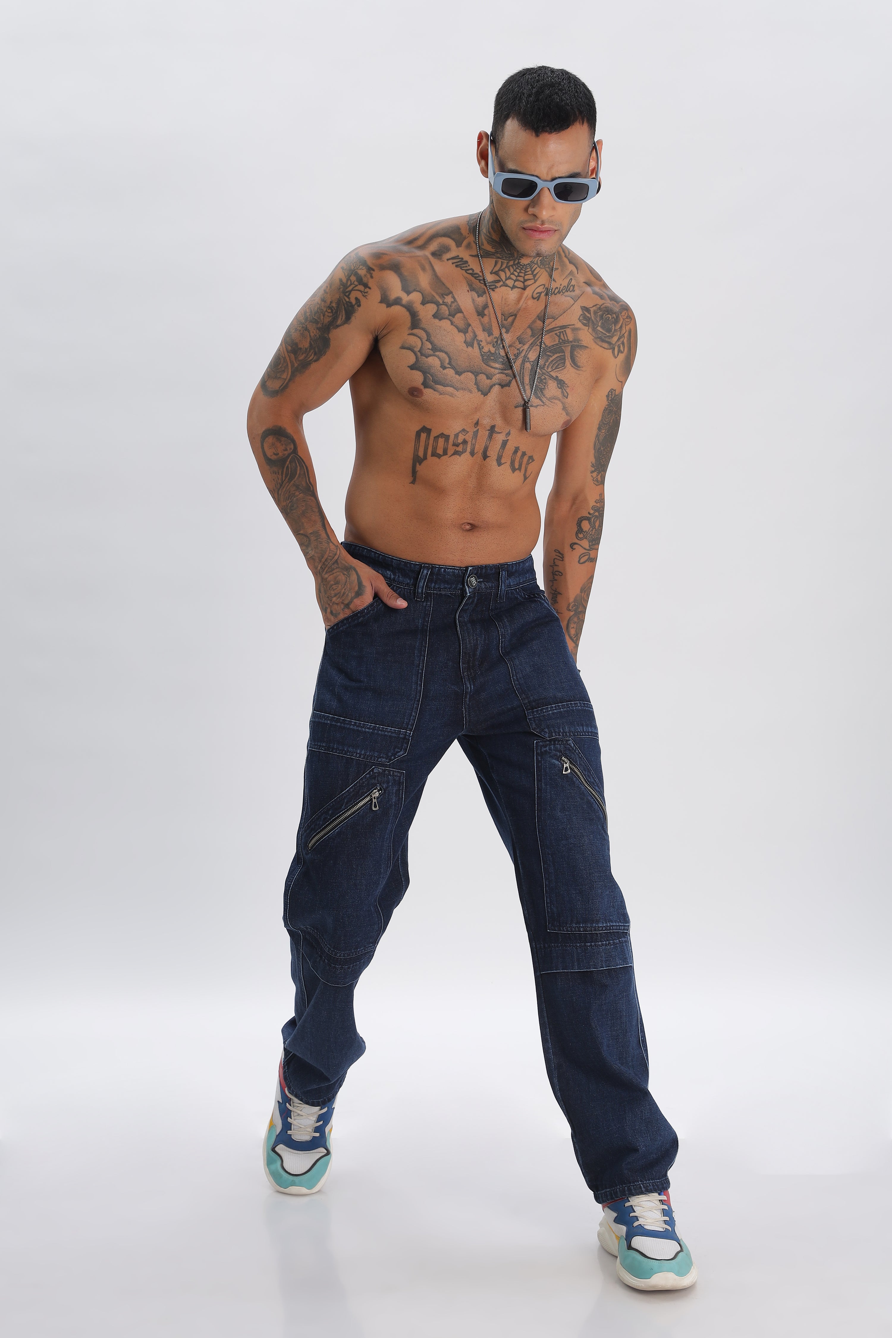 Navy Full Length Baggy Denim Cargo Pants