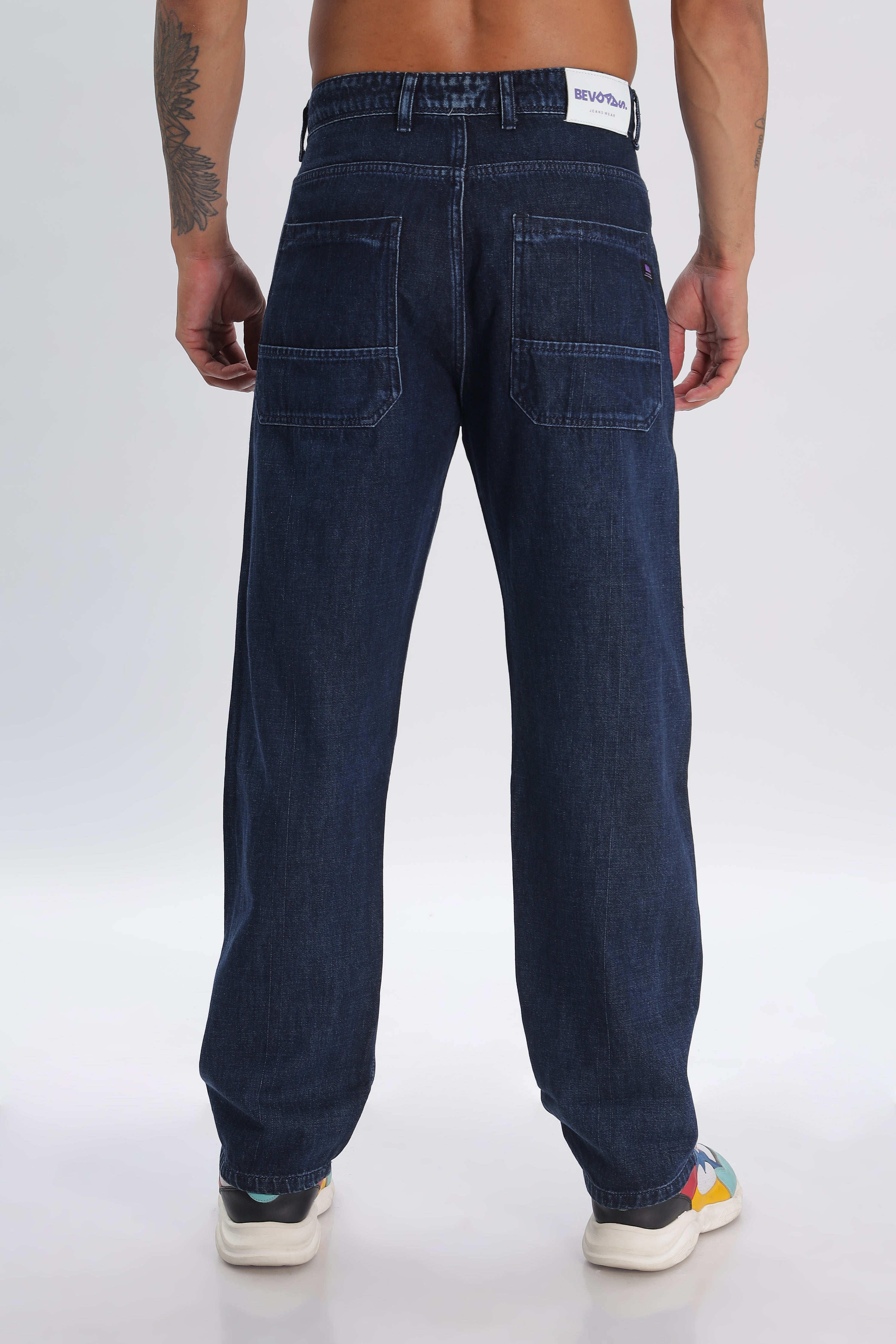 Navy Full Length Baggy Denim Cargo Pants