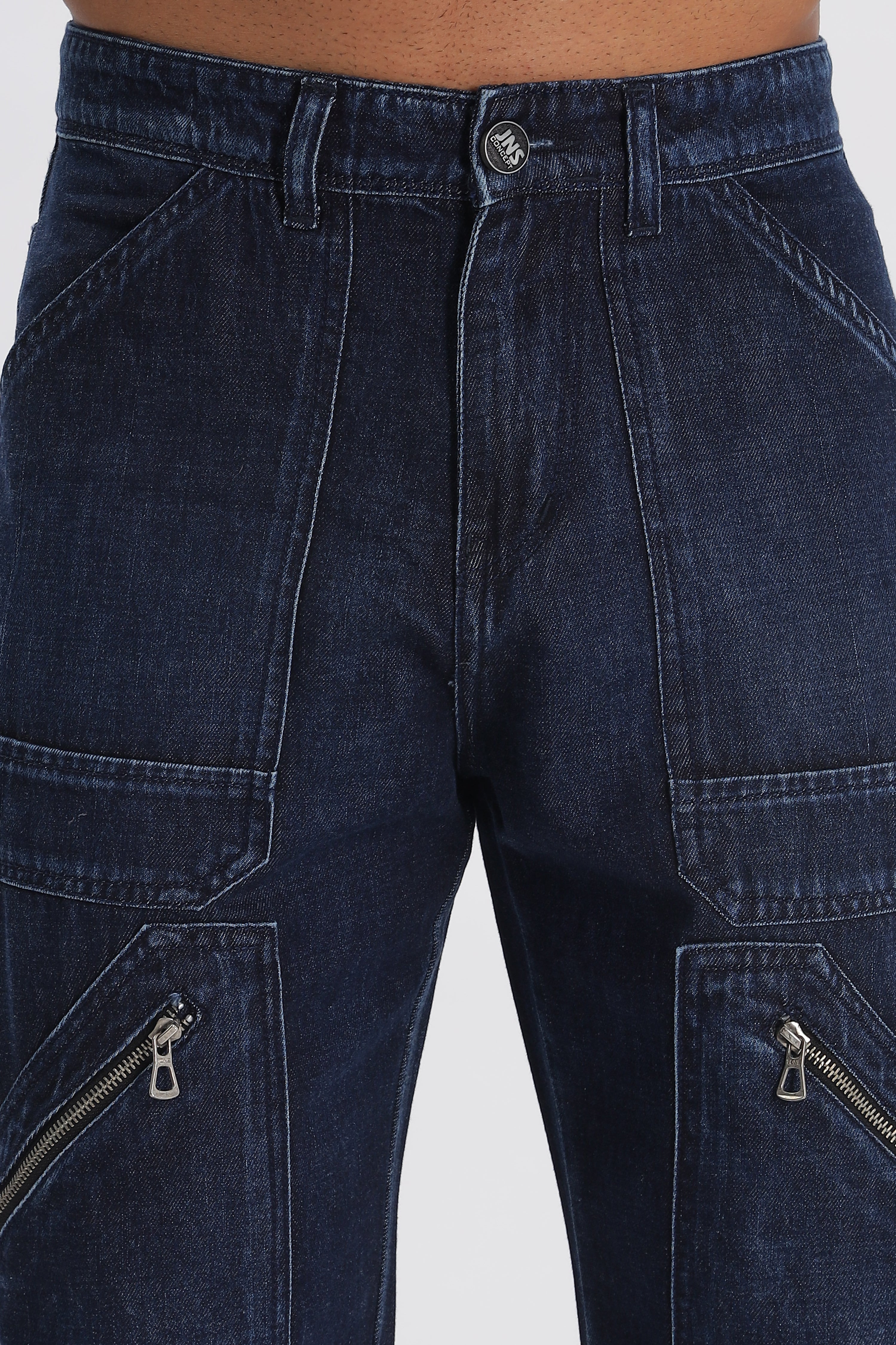 Navy Full Length Baggy Denim Cargo Pants