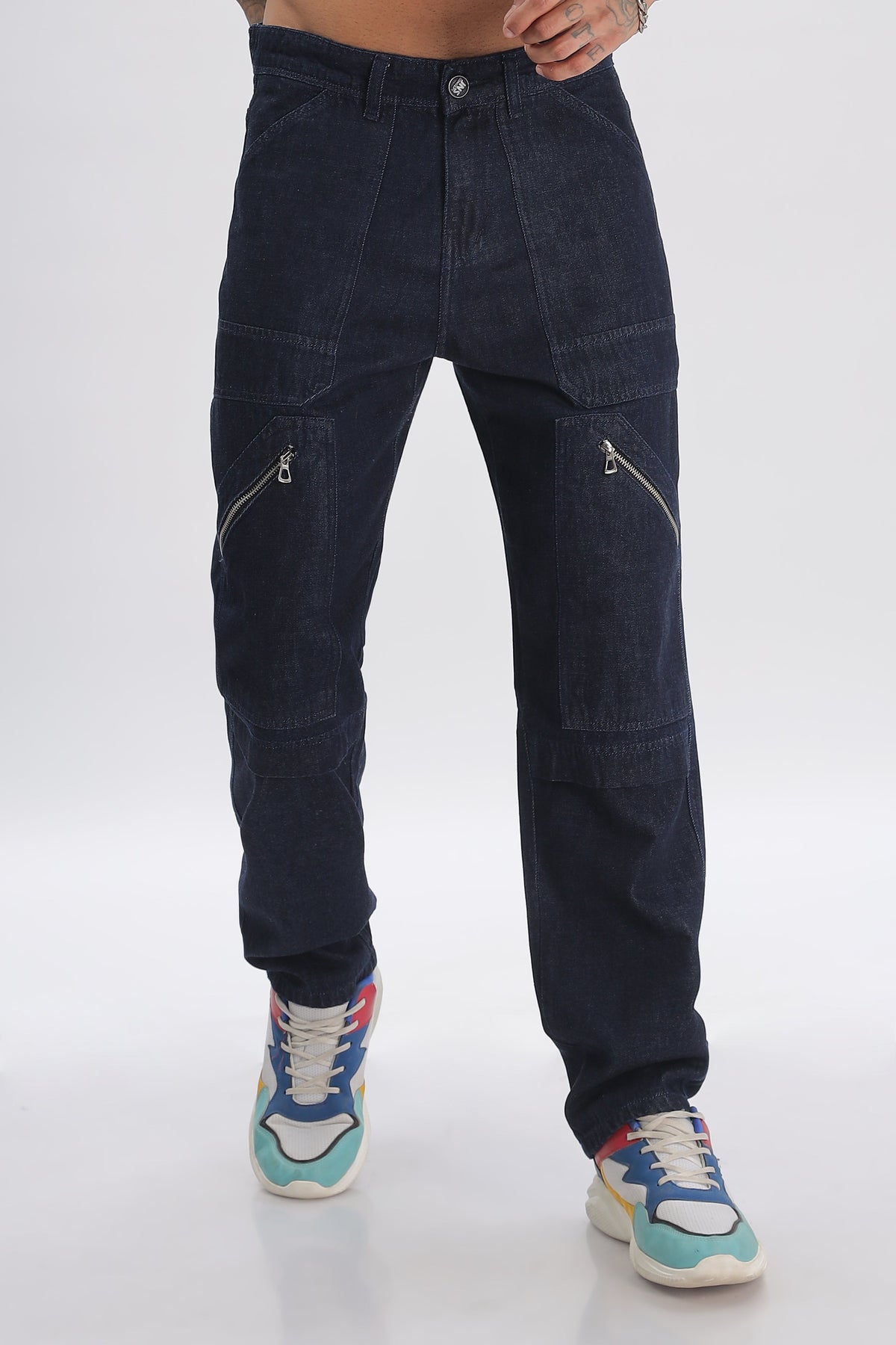 Blue Length Baggy Denim Cargo Pants