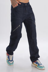 Blue Length Baggy Denim Cargo Pants