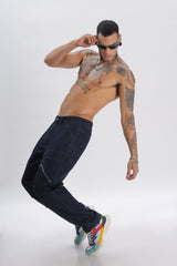 Blue Length Baggy Denim Cargo Pants