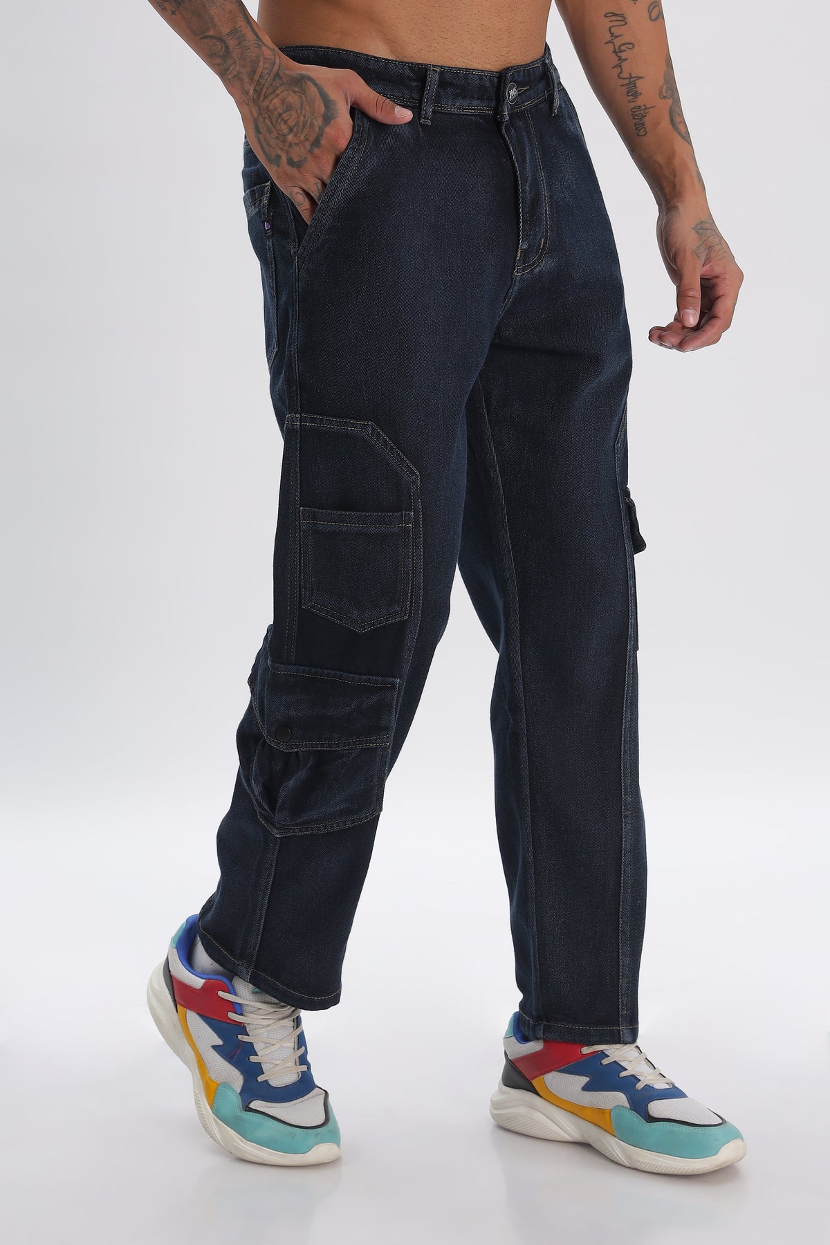 Blue Full Length Baggy Denim Cargo Pants