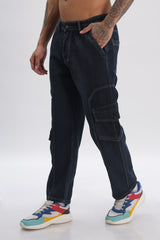 Blue Full Length Baggy Denim Cargo Pants