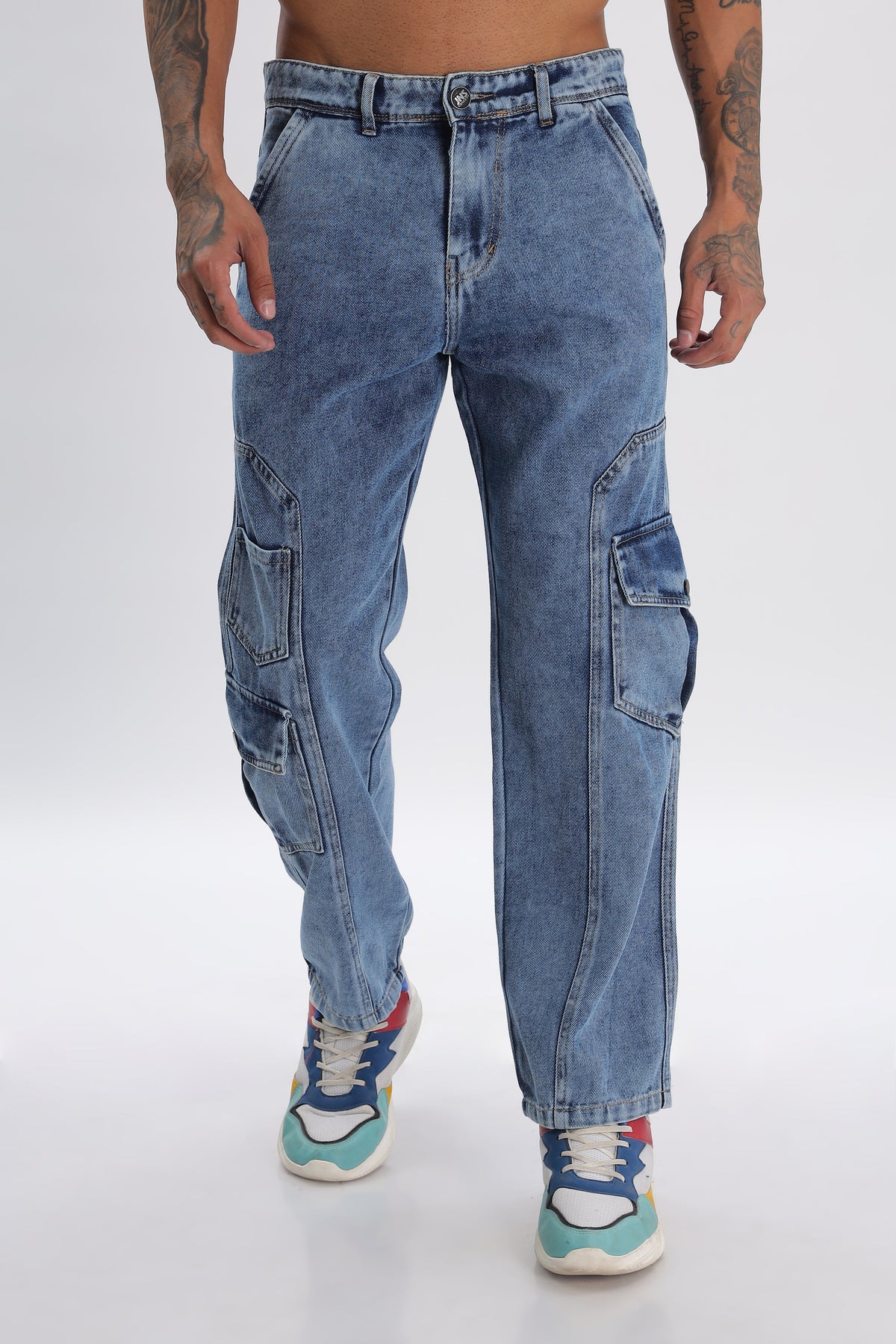 Light Blue Full Length Baggy Denim Cargo Pants