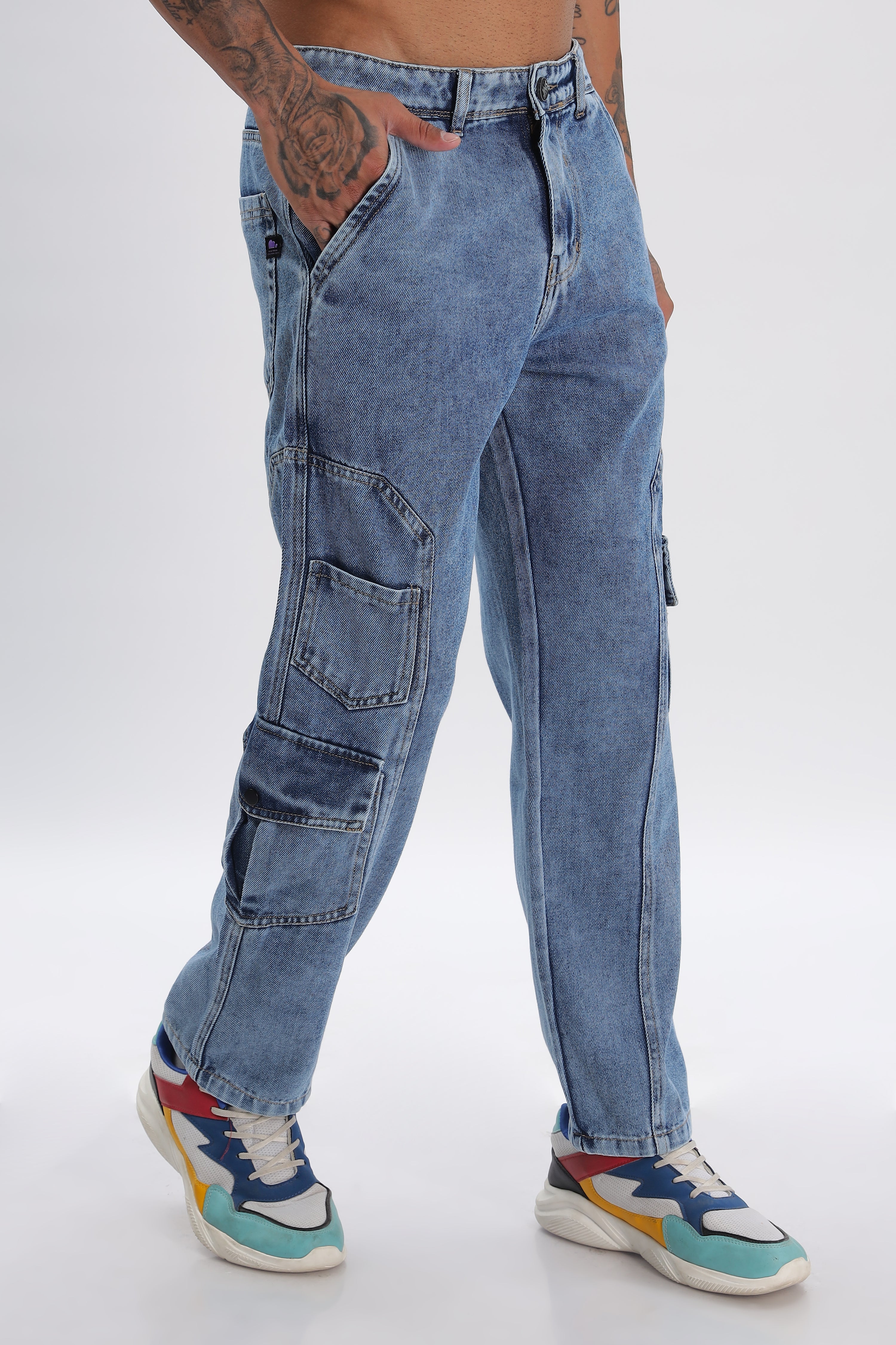 Light Blue Full Length Baggy Denim Cargo Pants