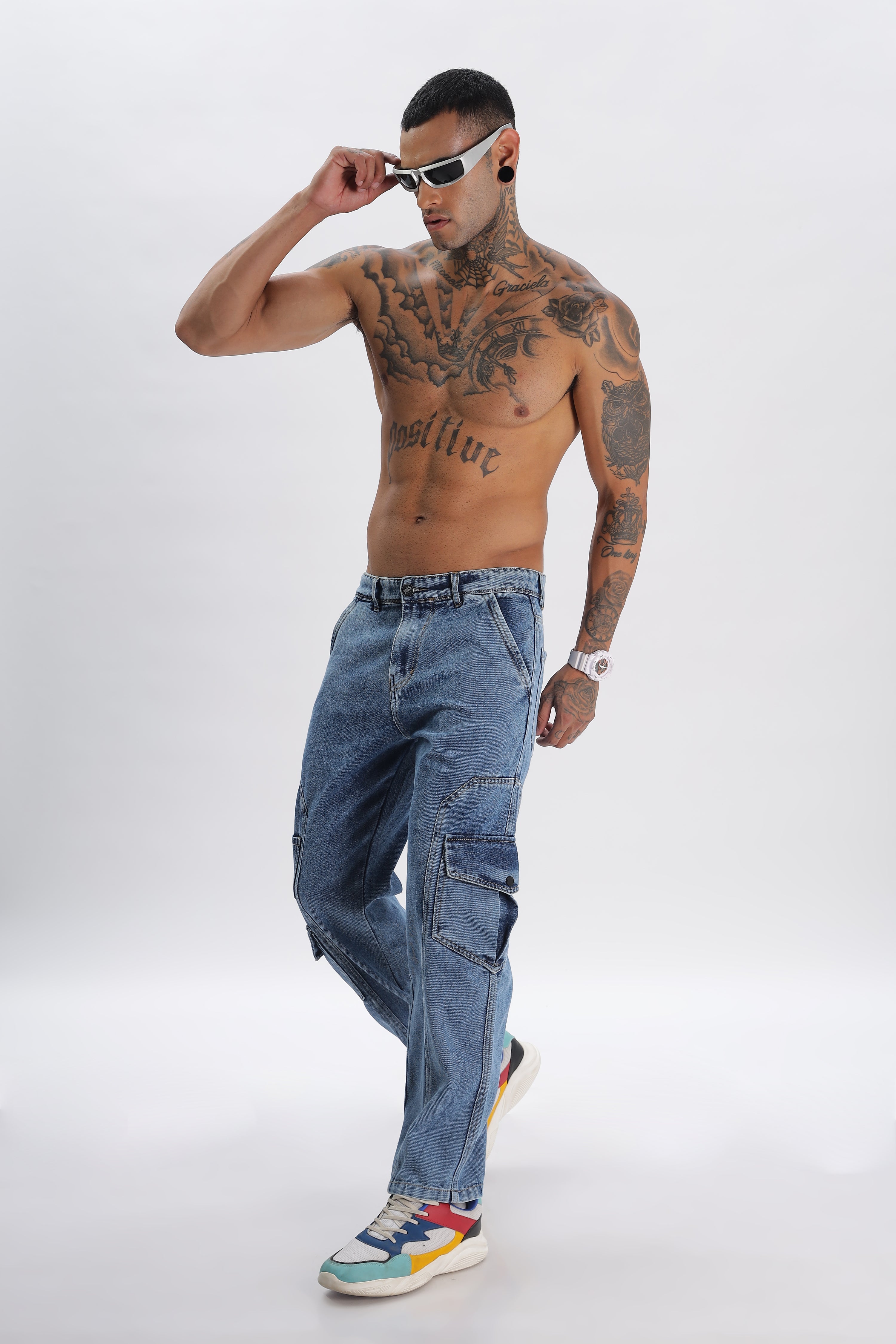 Light Blue Full Length Baggy Denim Cargo Pants