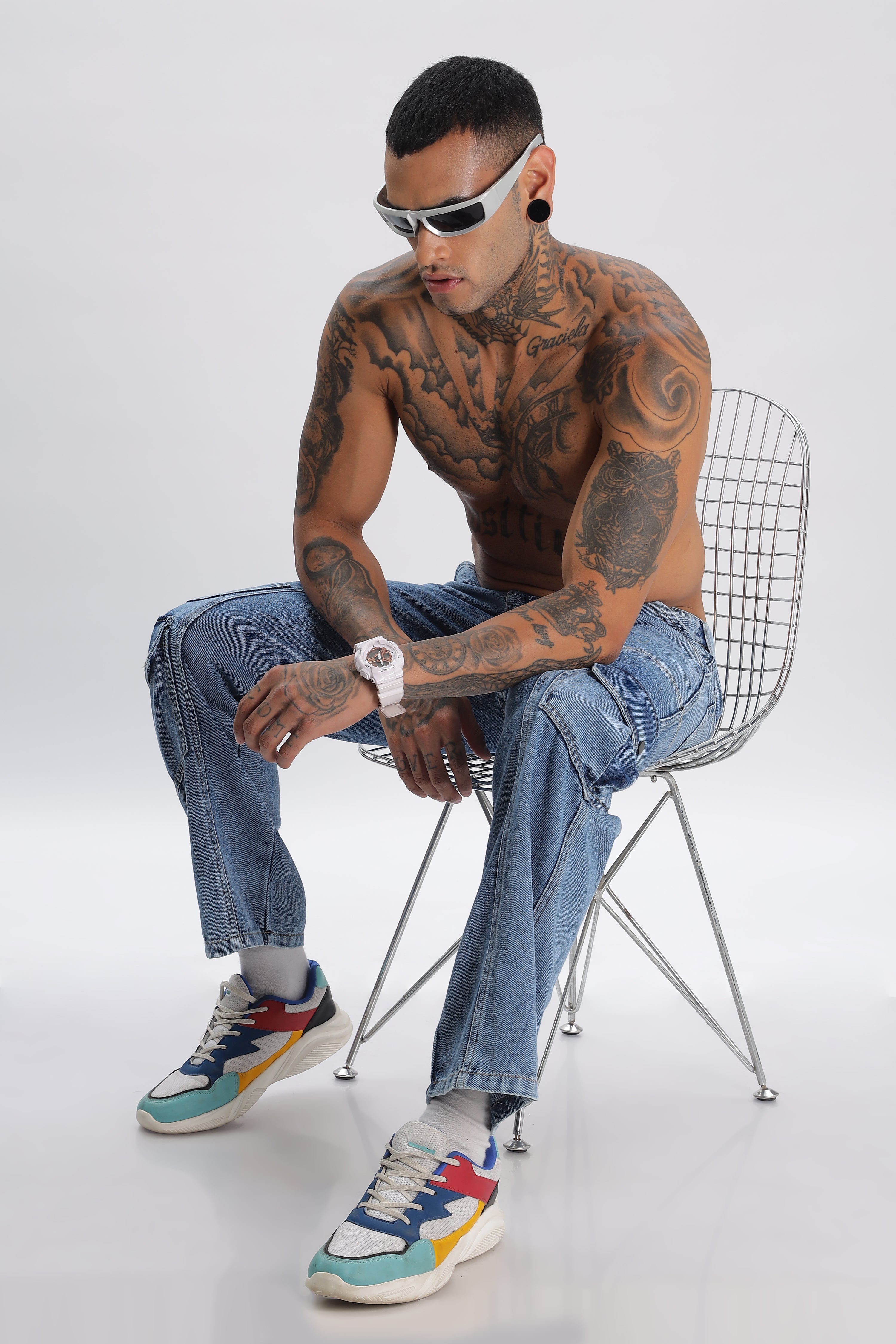 Light Blue Full Length Baggy Denim Cargo Pants