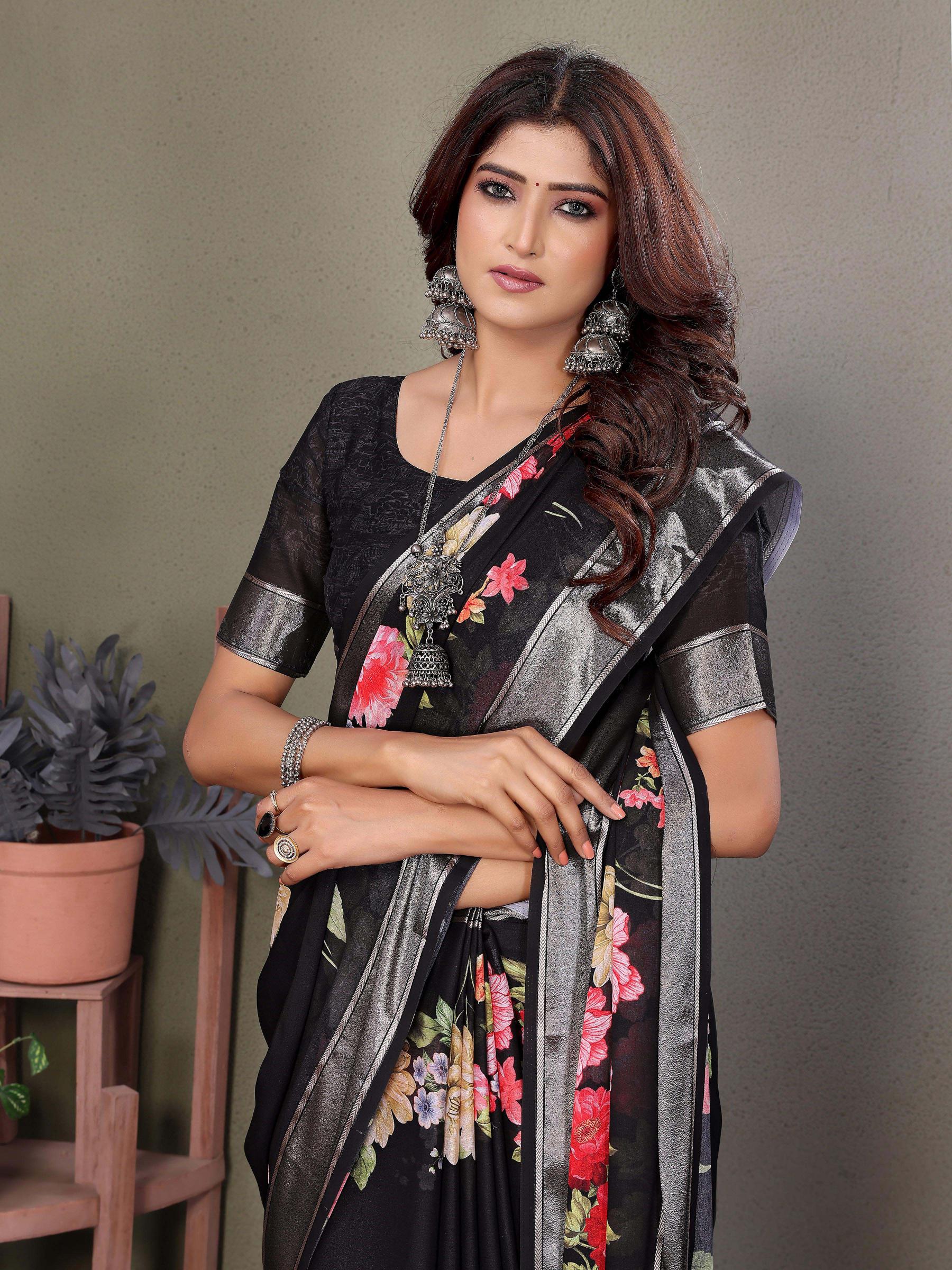 Black Dull Moss Floral Print Saree