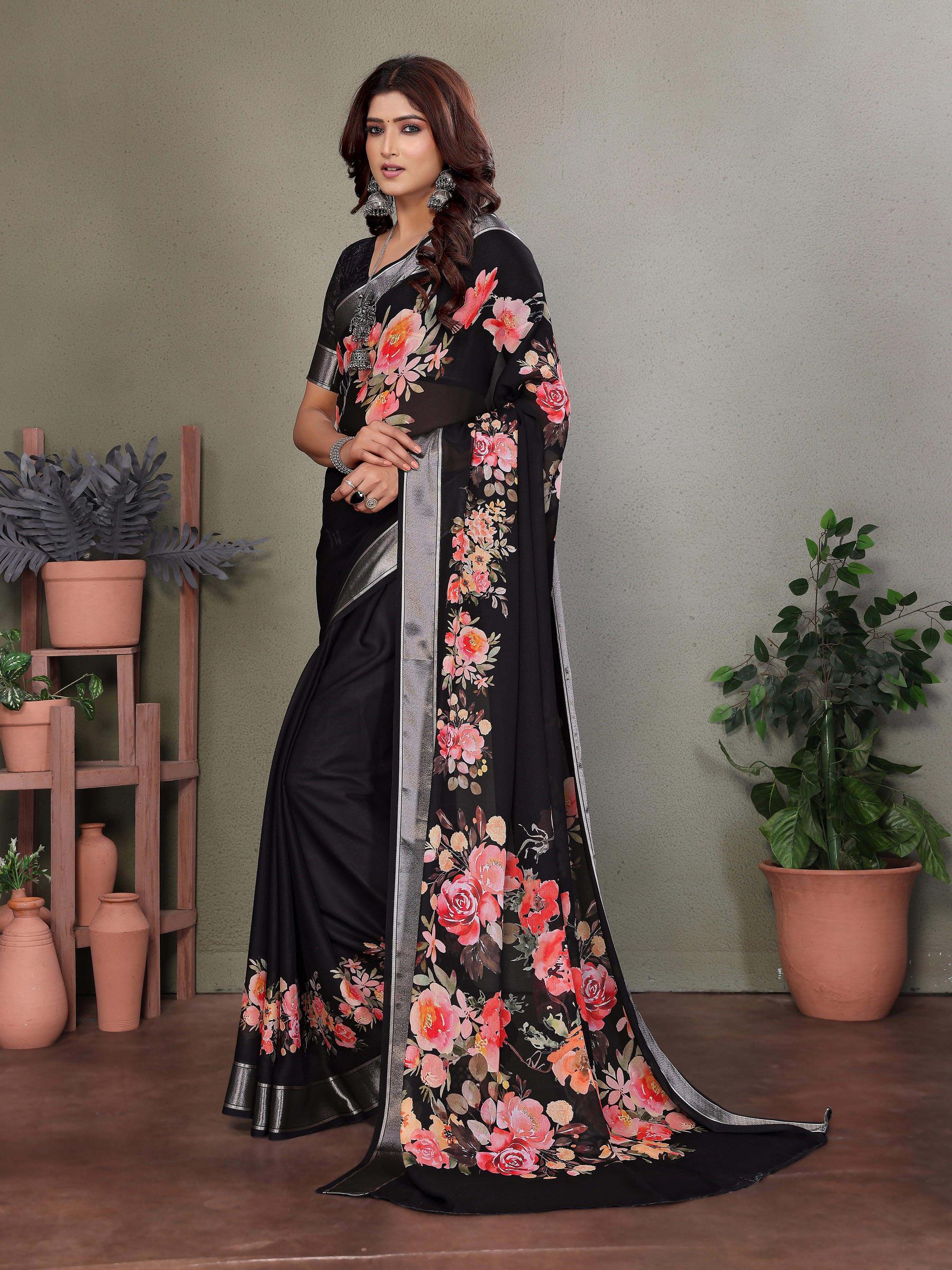 Black Dull Moss Floral Print Saree