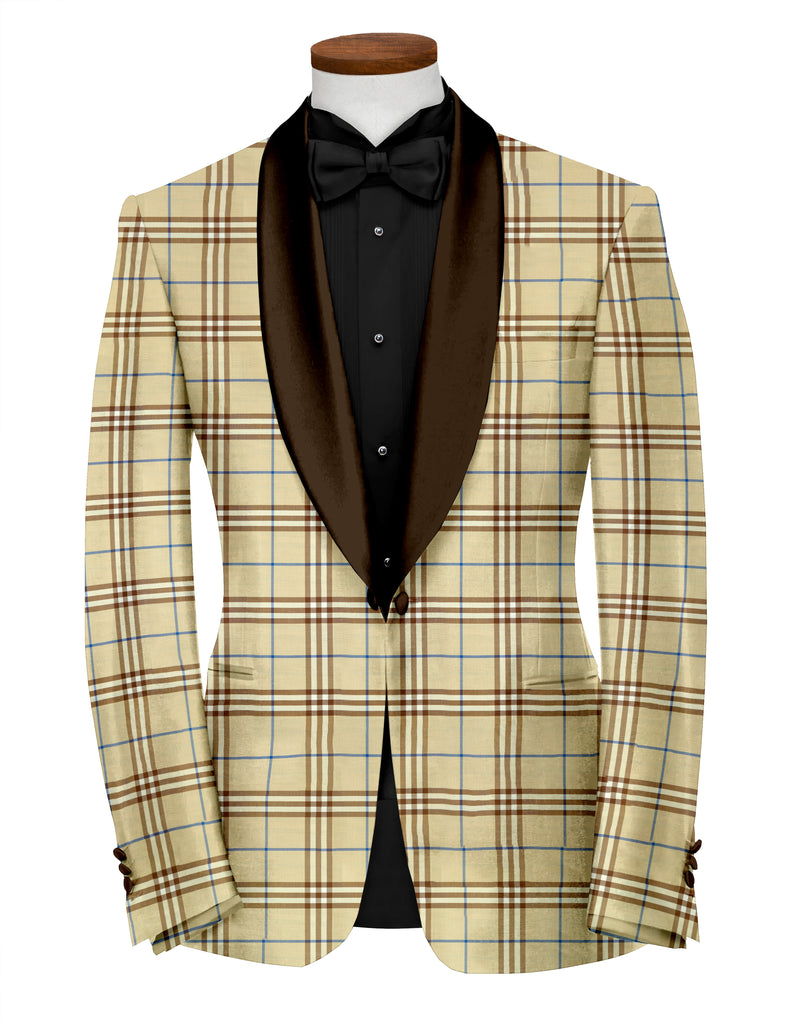 Beige Brown Men's Party Checks Suit Jacket Slim Fit Blazer