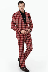 Red Pink Men's Two Button Dress Party Checks Print Suit Jacket Notched Lapel Slim Fit Terry Rayon Stylish Blazer