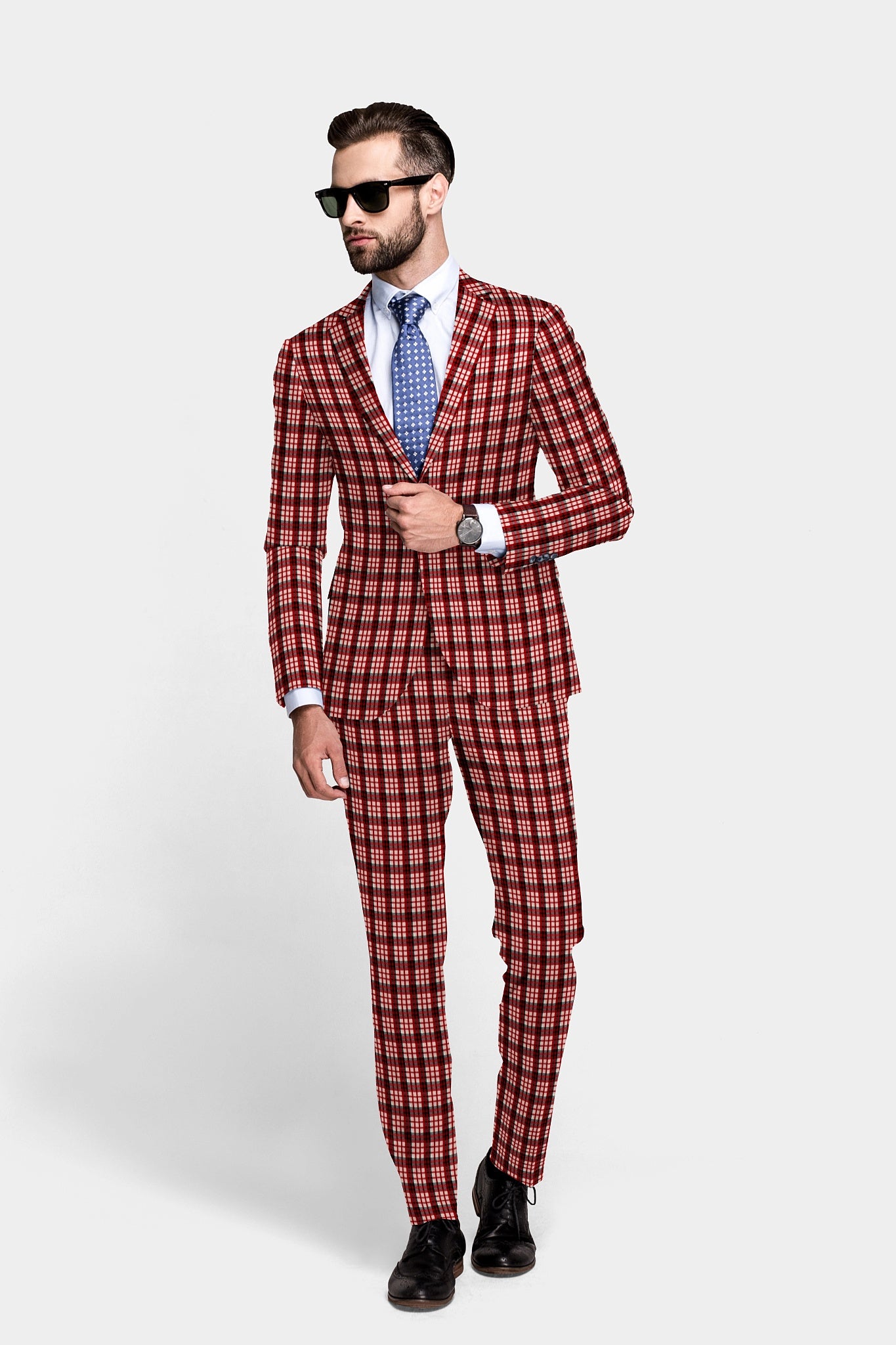 Red Pink Men's Two Button Dress Party Checks Print Suit Jacket Notched Lapel Slim Fit Terry Rayon Stylish Blazer