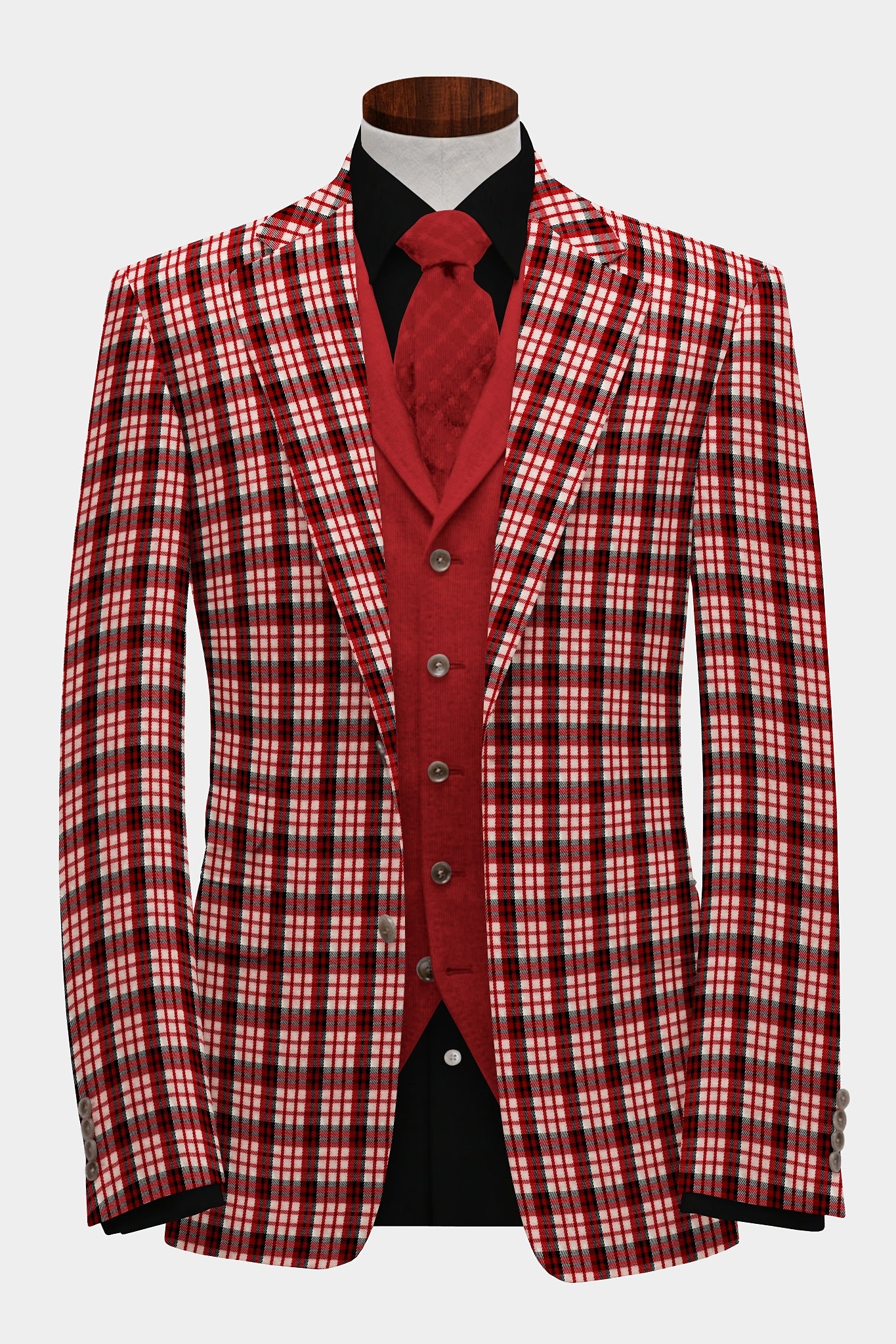 Red Pink Men's Two Button Dress Party Checks Print Suit Jacket Notched Lapel Slim Fit Terry Rayon Stylish Blazer