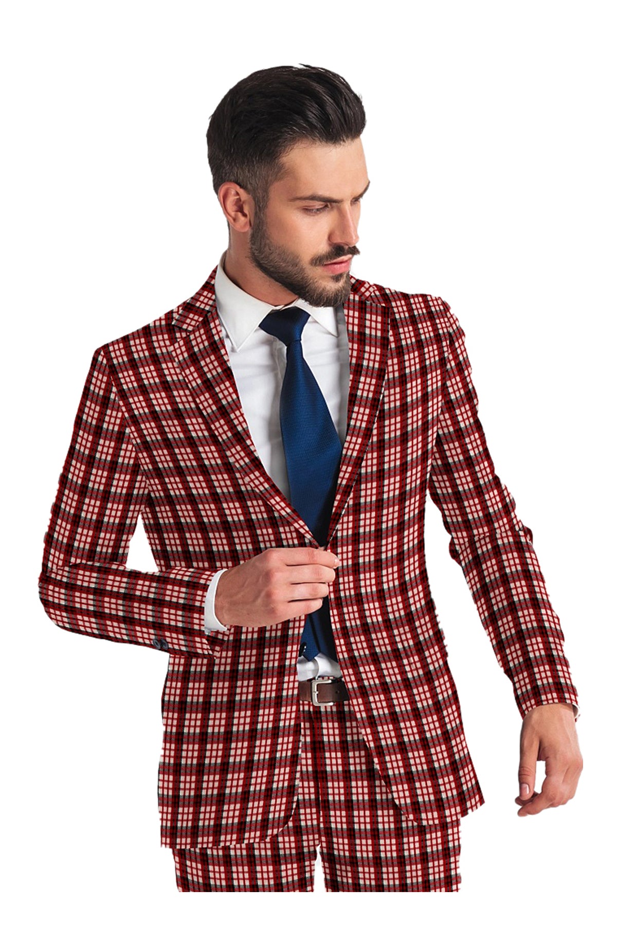 Red Pink Men's Two Button Dress Party Checks Print Suit Jacket Notched Lapel Slim Fit Terry Rayon Stylish Blazer