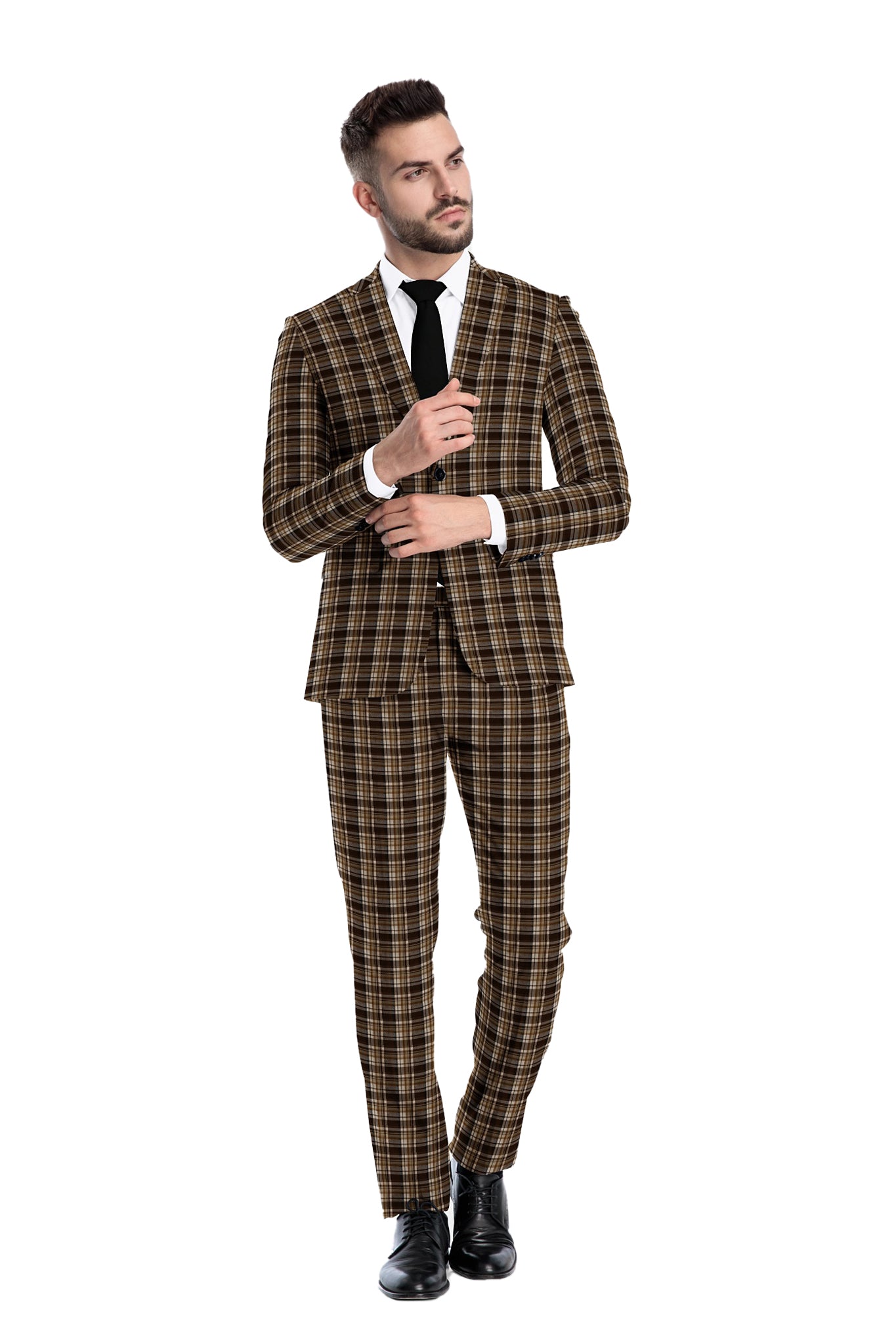 Coffee Bean Men's Two Button Dress Party Checks Print Suit Jacket Notched Lapel Slim Fit Terry Rayon Stylish Blazer