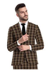 Veste de costume à deux boutons pour homme Coffee Bean, imprimé à carreaux, revers crantés, coupe slim, blazer élégant en rayonne éponge