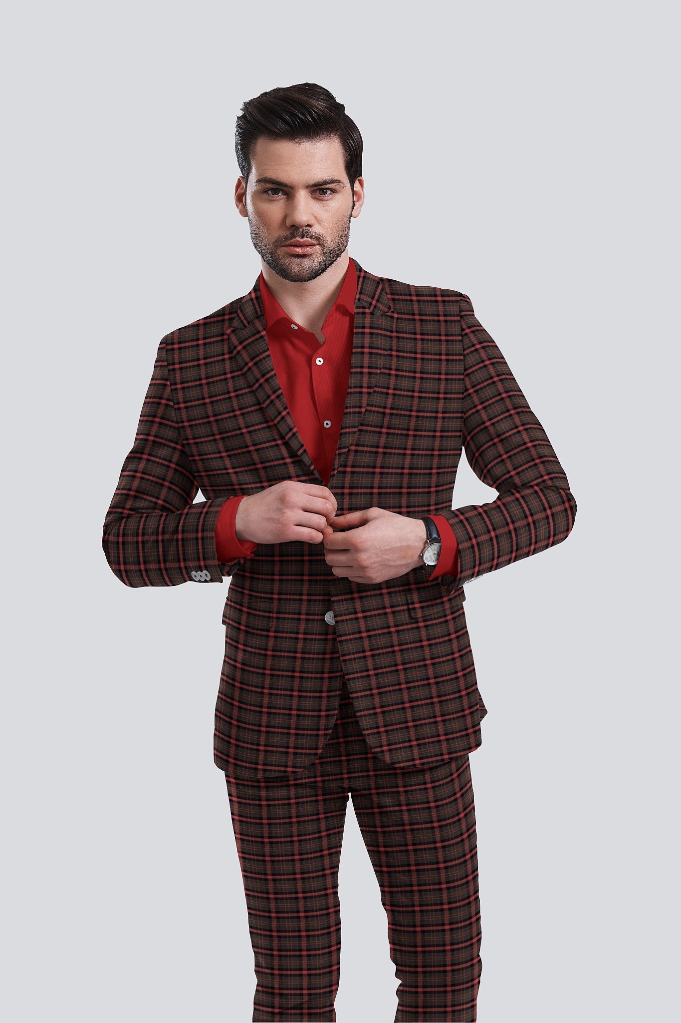 Seal Brown Men's Two Button Dress Party Checks Print Suit Jacket Notched Lapel Slim Fit Terry Rayon Stylish Blazer