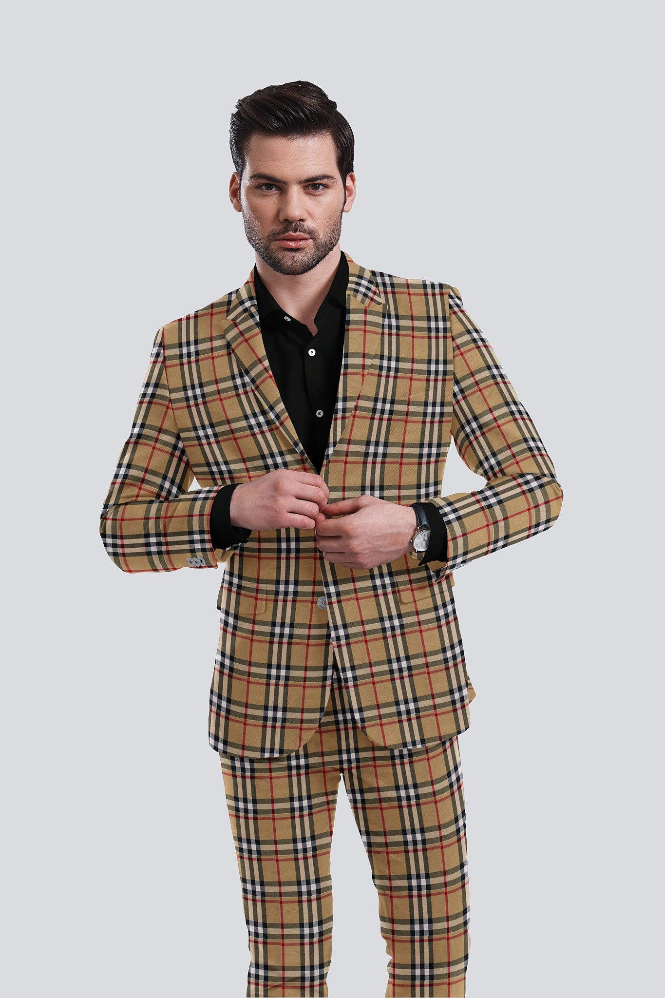 Dark Beige Men's Two Button Dress Party Checks Print Suit Jacket Notched Lapel Slim Fit Terry Rayon Stylish Blazer