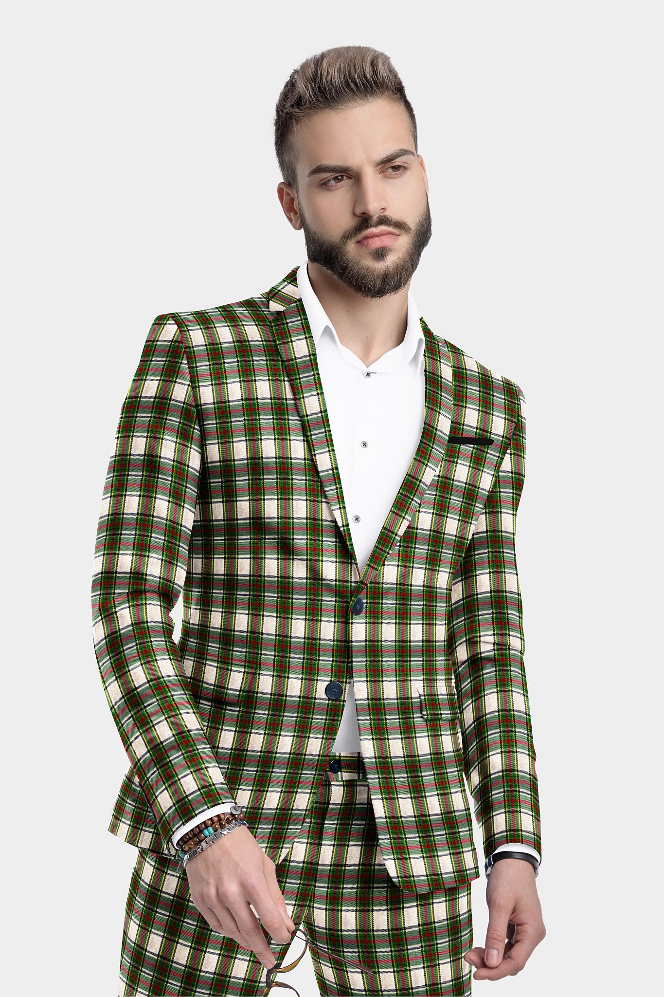 Off White Men's Two Button Dress Party Checks Print Suit Jacket Notched Lapel Slim Fit Terry Rayon Stylish Blazer