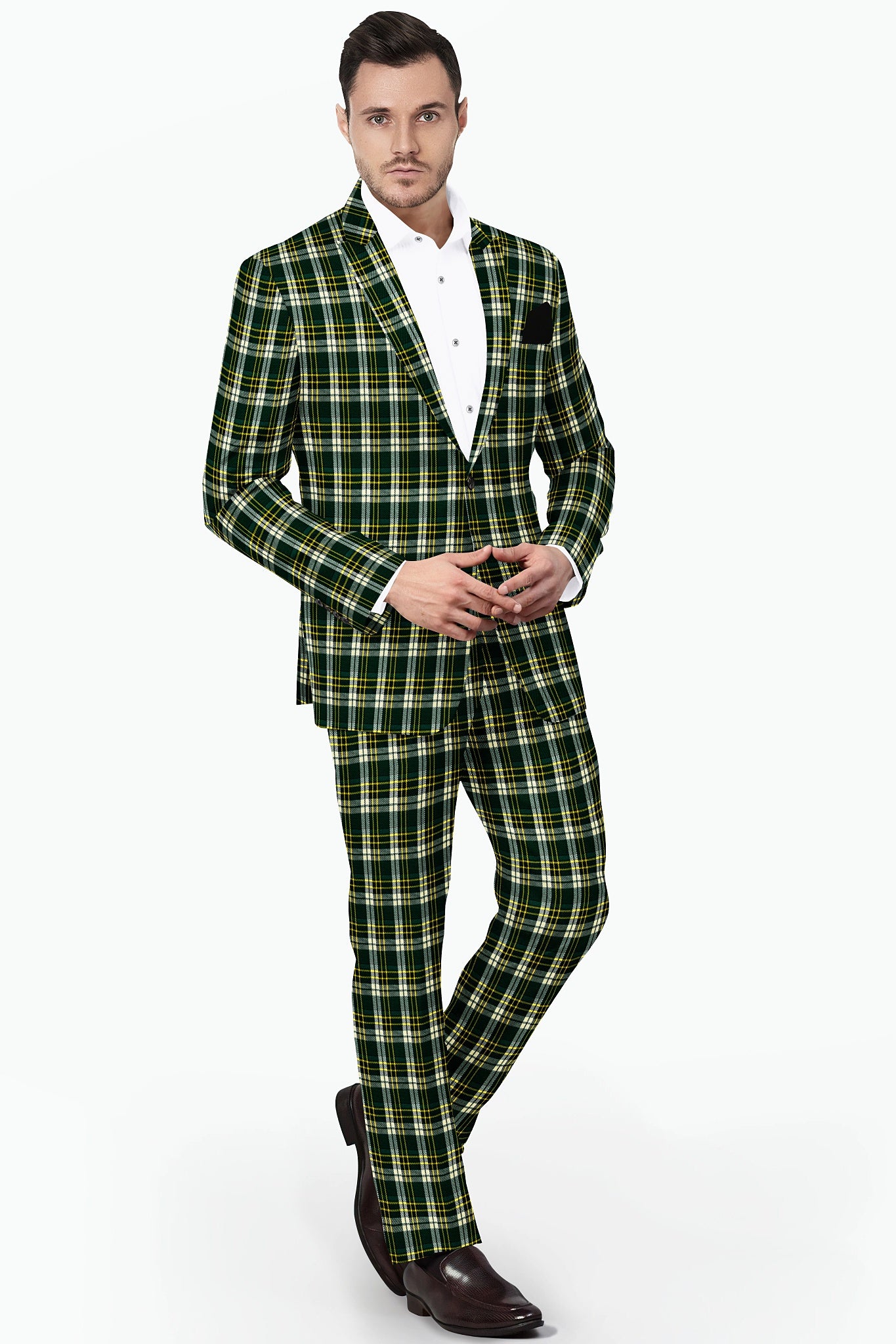 Green Men's Two Button Dress Party Checks Print Suit Jacket Notched Lapel Slim Fit Terry Rayon Stylish Blazer