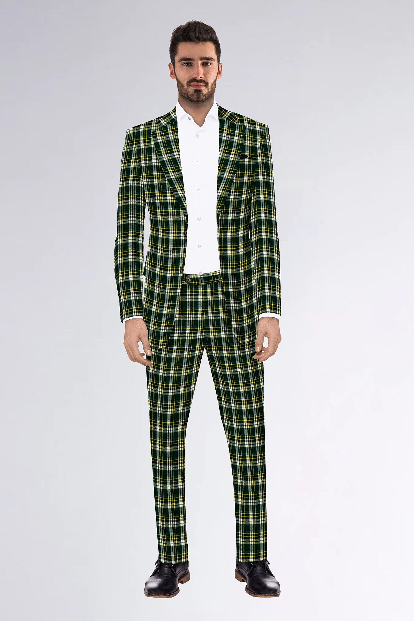 Green Men's Two Button Dress Party Checks Print Suit Jacket Notched Lapel Slim Fit Terry Rayon Stylish Blazer