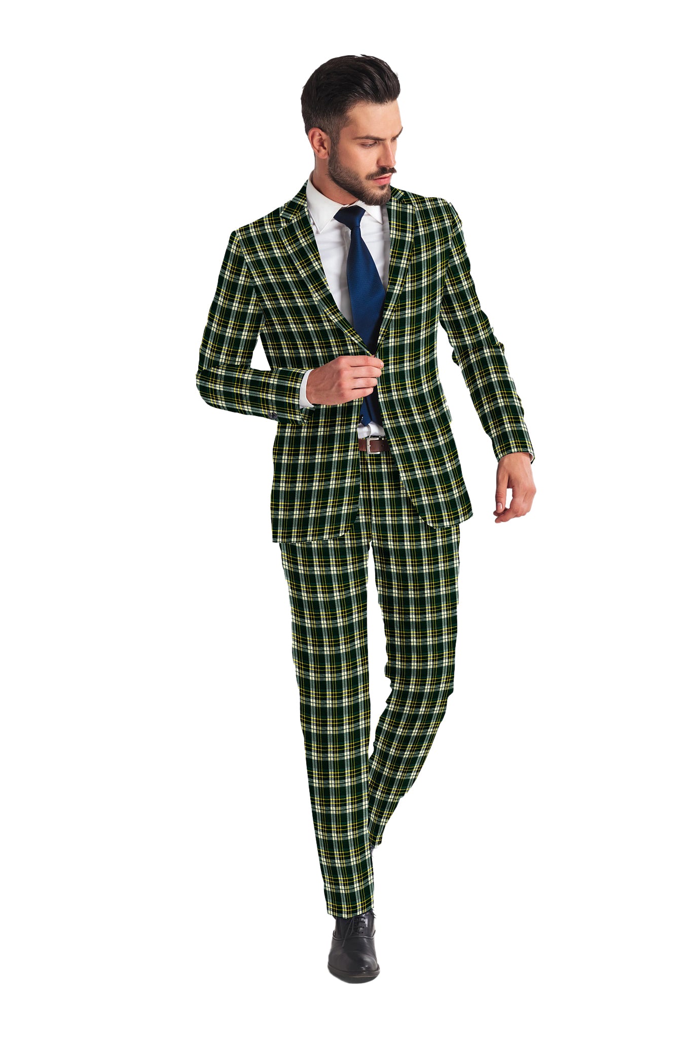 Green Men's Two Button Dress Party Checks Print Suit Jacket Notched Lapel Slim Fit Terry Rayon Stylish Blazer