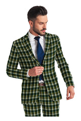 Green Men's Two Button Dress Party Checks Print Suit Jacket Notched Lapel Slim Fit Terry Rayon Stylish Blazer