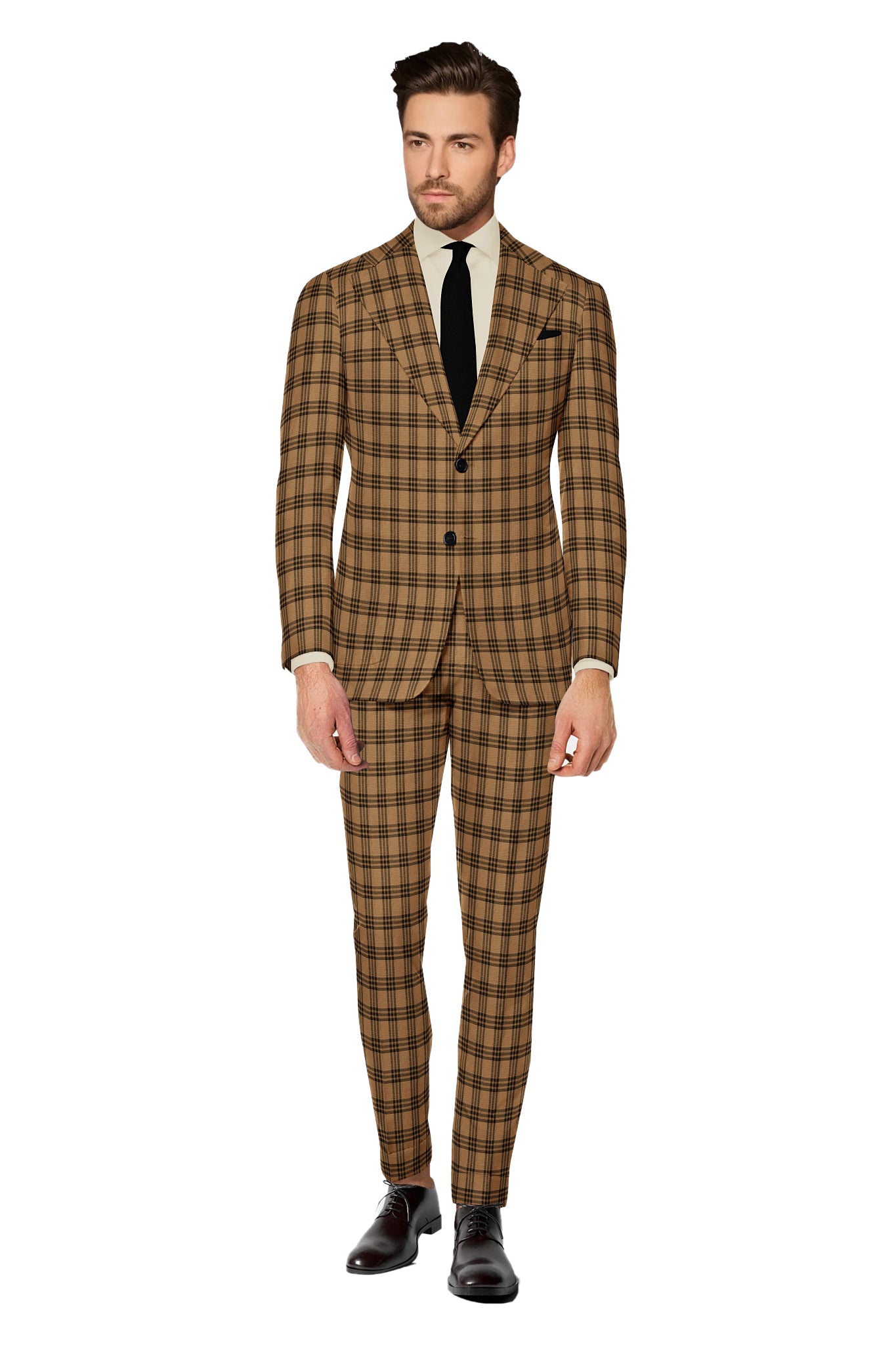 Pale Brown Men's Two Button Dress Party Checks Print Suit Jacket Notched Lapel Slim Fit Terry Rayon Stylish Blazer