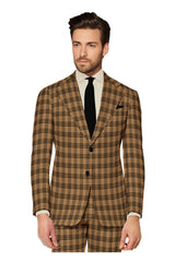 Pale Brown Men's Two Button Dress Party Checks Print Suit Jacket Notched Lapel Slim Fit Terry Rayon Stylish Blazer