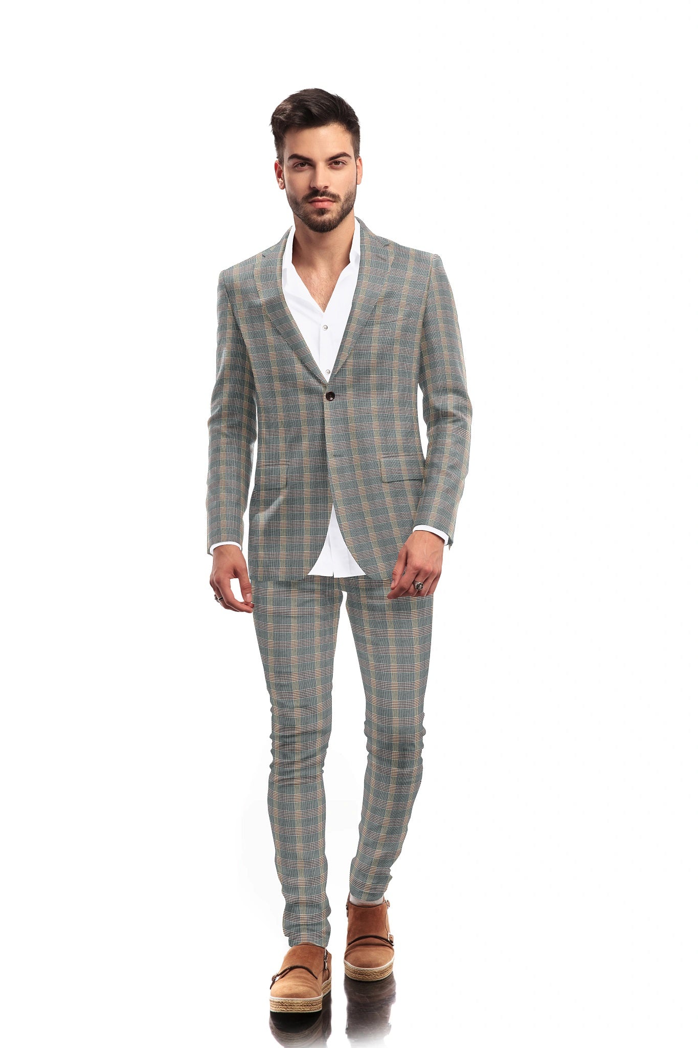 Grey Men's Two Button Dress Party Checks Print Suit Jacket Notched Lapel Slim Fit Terry Rayon Stylish Blazer