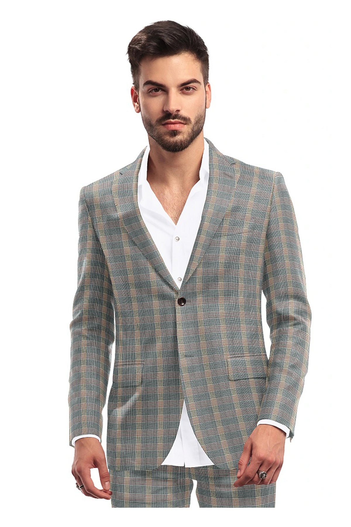 Grey Men's Two Button Dress Party Checks Print Suit Jacket Notched Lapel Slim Fit Terry Rayon Stylish Blazer