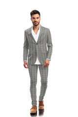 Grey Men's Two Button Dress Party Checks Print Suit Jacket Notched Lapel Slim Fit Terry Rayon Stylish Blazer