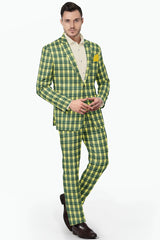 Light Green Men's Two Button Dress Party Checks Print Suit Jacket Notched Lapel Slim Fit Terry Rayon Stylish Blazer