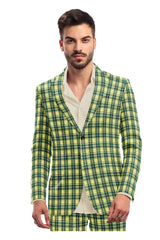 Light Green Men's Two Button Dress Party Checks Print Suit Jacket Notched Lapel Slim Fit Terry Rayon Stylish Blazer