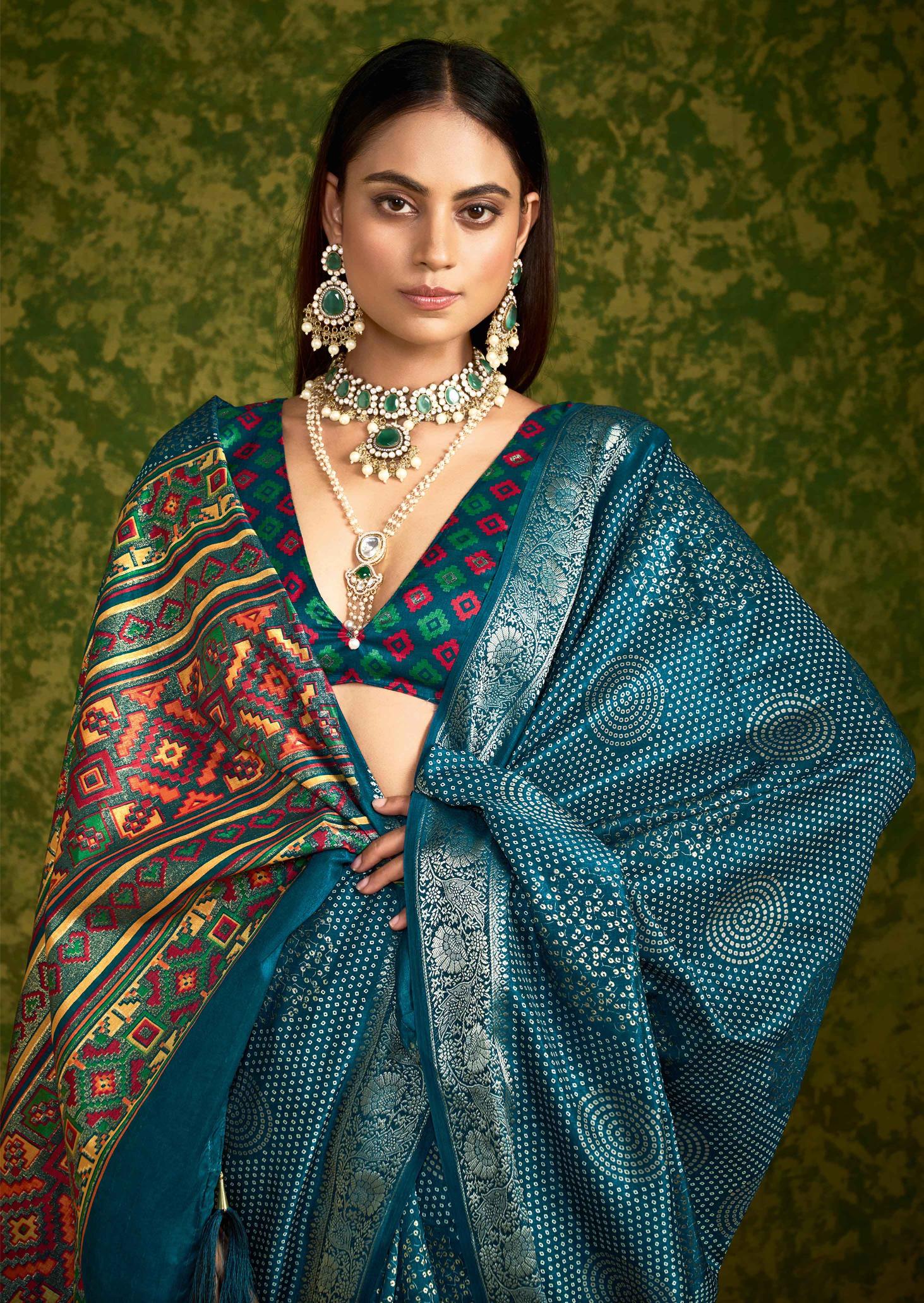 Blue Rasian Silk  Bandhani Printed Saree