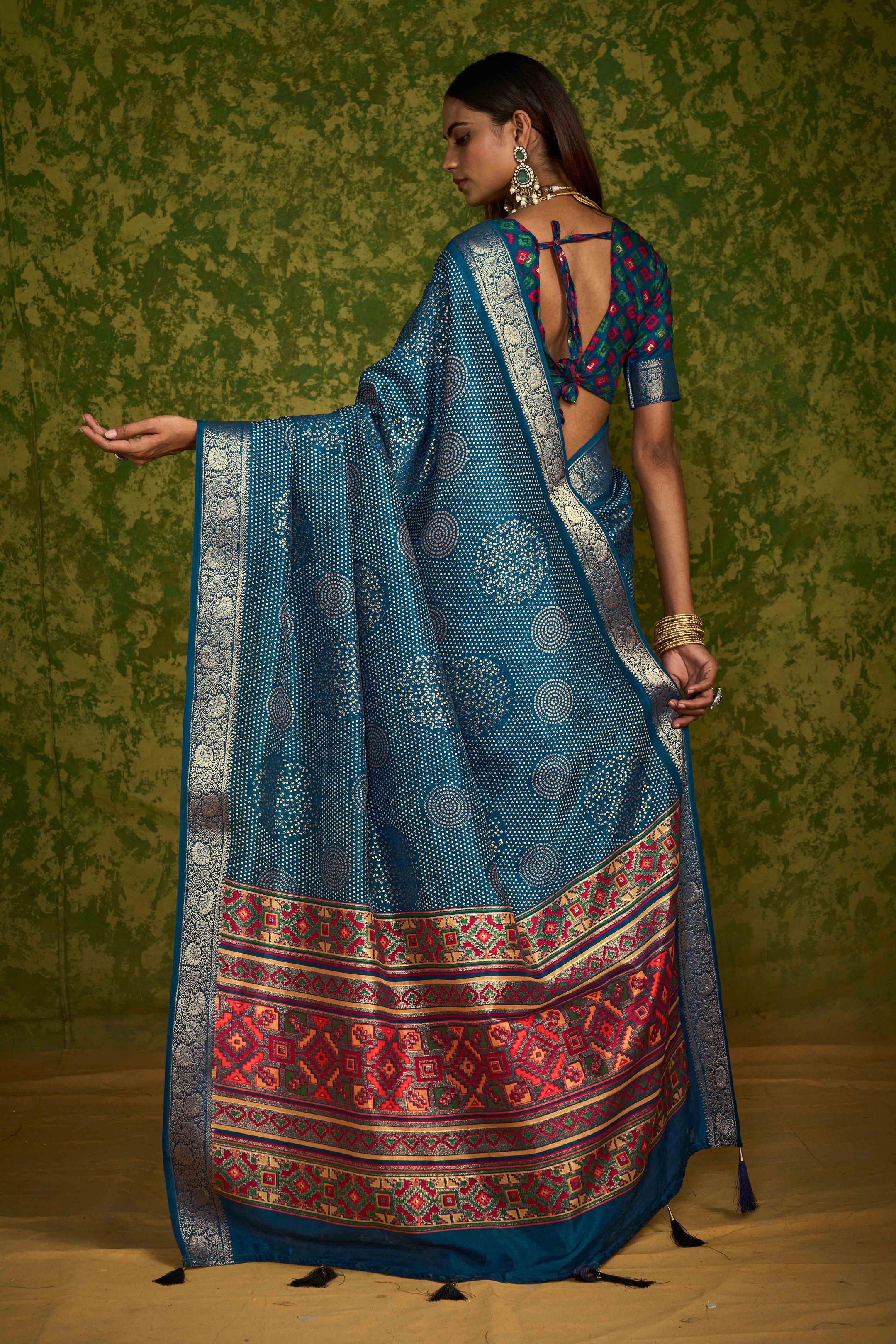 Blue Rasian Silk  Bandhani Printed Saree