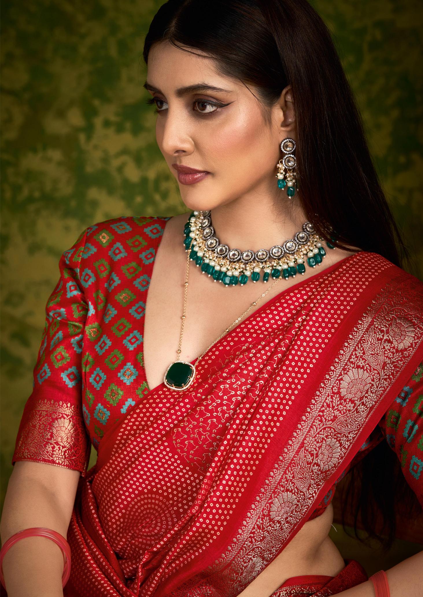 Red Rasian Silk  Bandhani Printed Saree