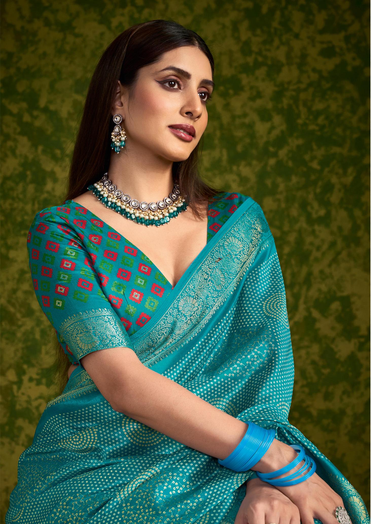 Sky Blue Rasian Silk  Bandhani Printed Saree