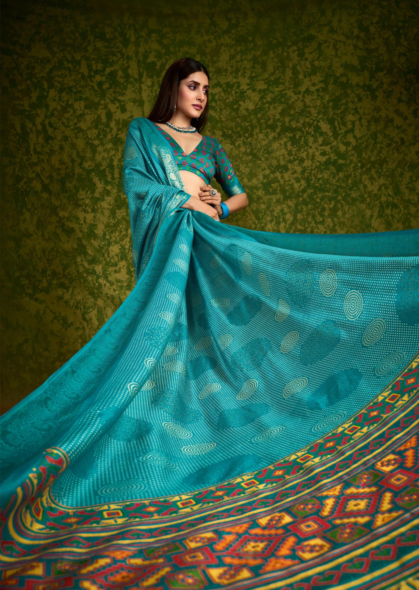 Sky Blue Rasian Silk  Bandhani Printed Saree