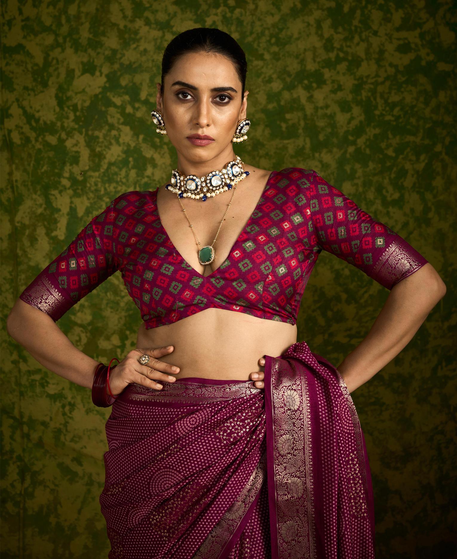 Wine Rasian Silk  Bandhani Printed Saree