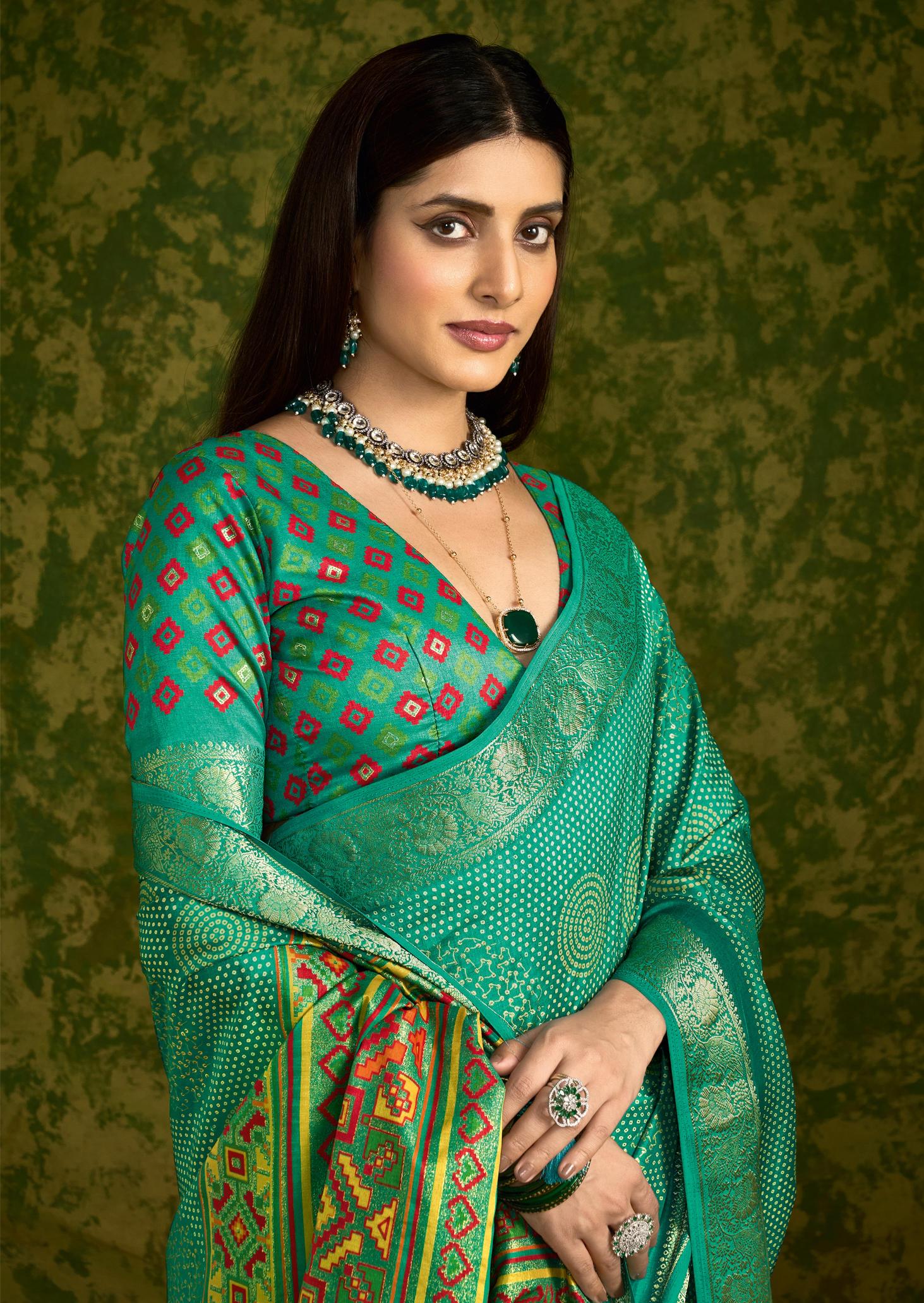Sea Green Rasian Silk  Bandhani Printed Saree