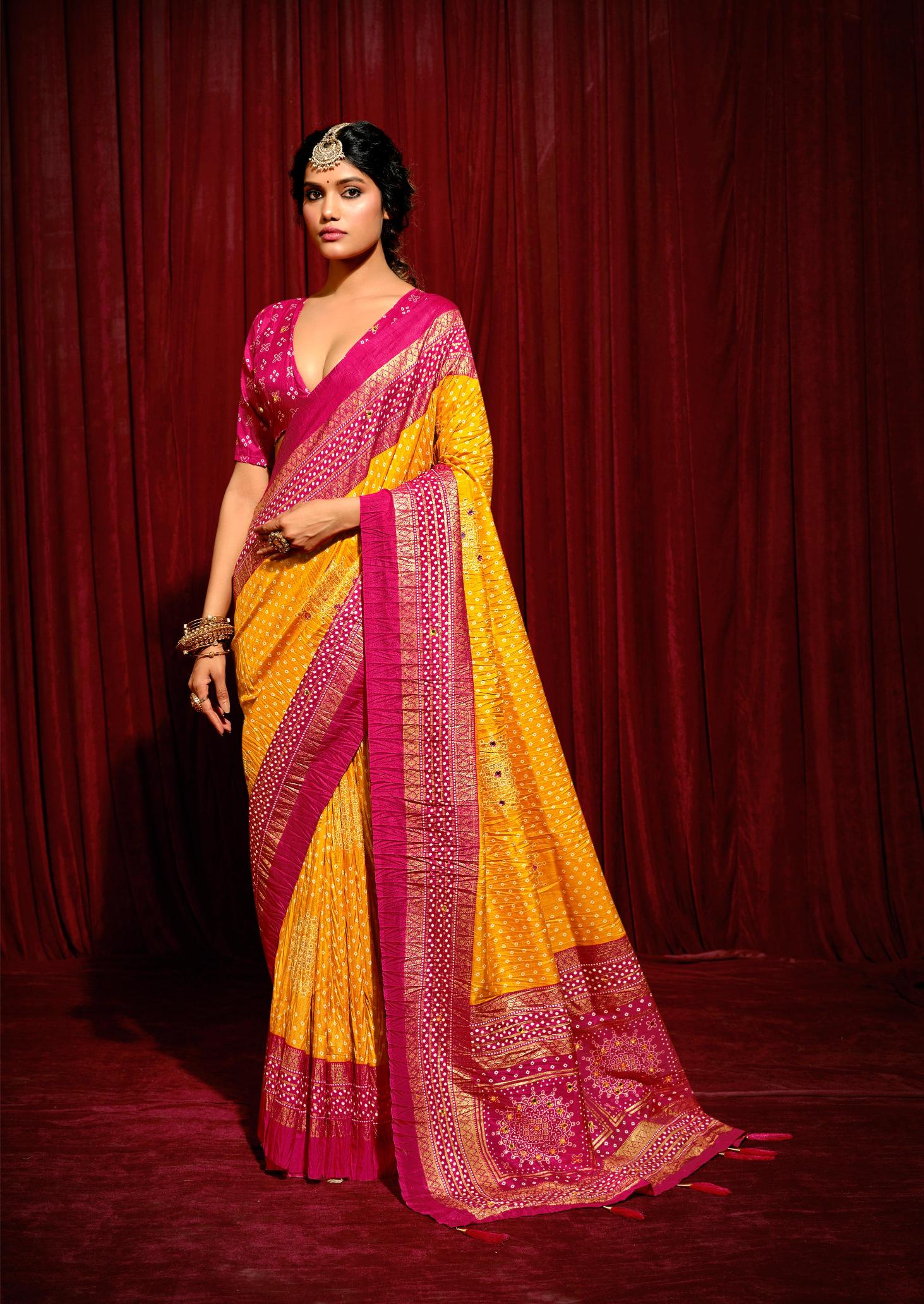 Yellow Velvet Tusser Silk  Aari work Saree-CR5002