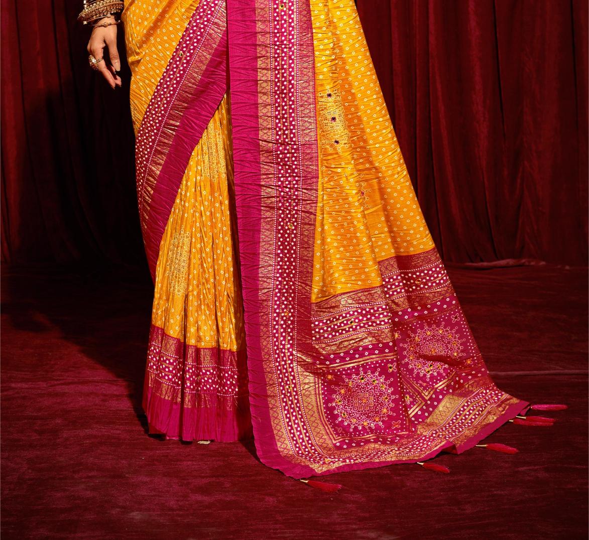 Yellow Velvet Tusser Silk  Aari work Saree