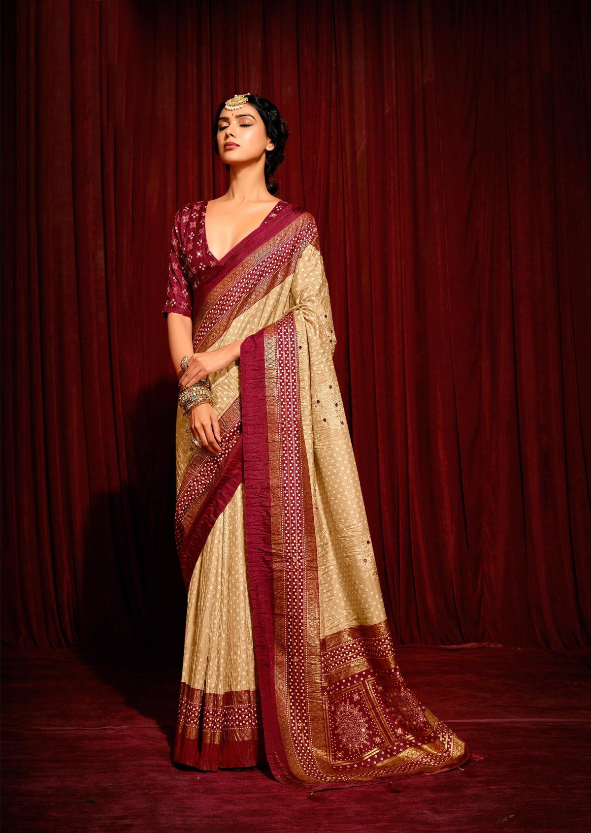 Beige Velvet Tusser Silk  Aari work Saree-CR5006