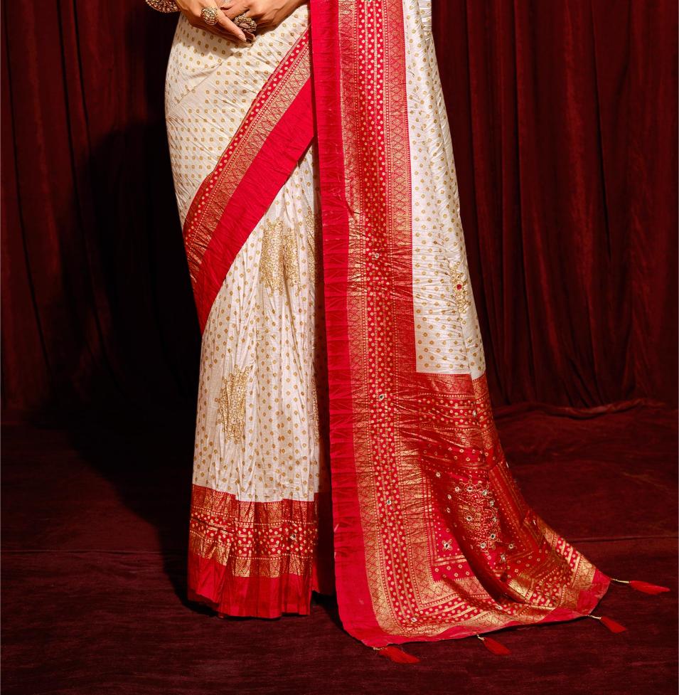 White Velvet Tusser Silk  Aari work Saree